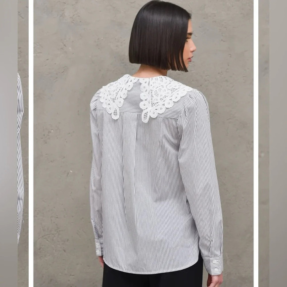 ❤️Vicolo button up women’s M Made in Italy pinstripes statement lace collar - Picture 2 of 6